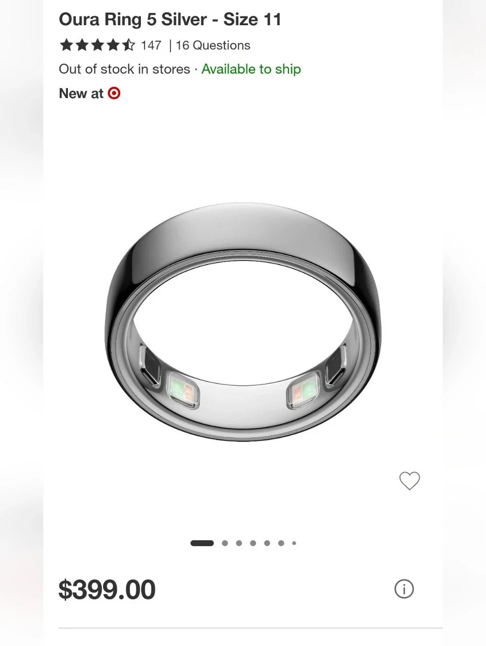 NWT Oura Ring 5 Silver Minimal Smart Ring size 11